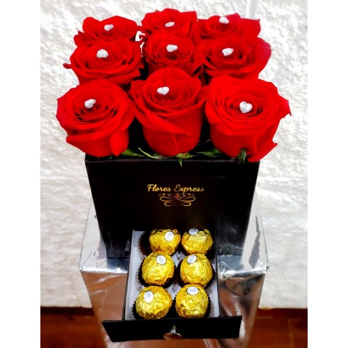 BOX OF 9 DIAMOND ROSES WITH FERRERO ROCHER DRAWER
